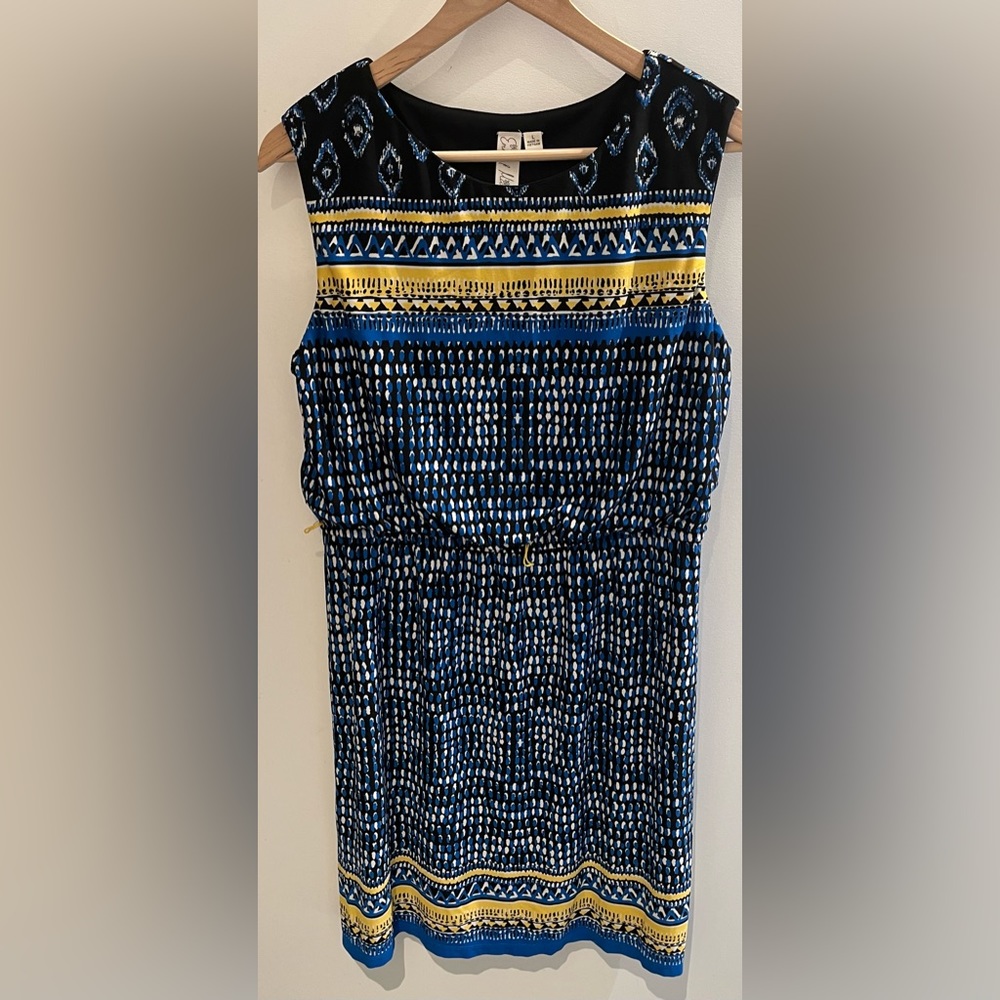 Emma & Michele Sleeveless Blue and Yellow Print Dress Comfy Poly/Spandex Size L